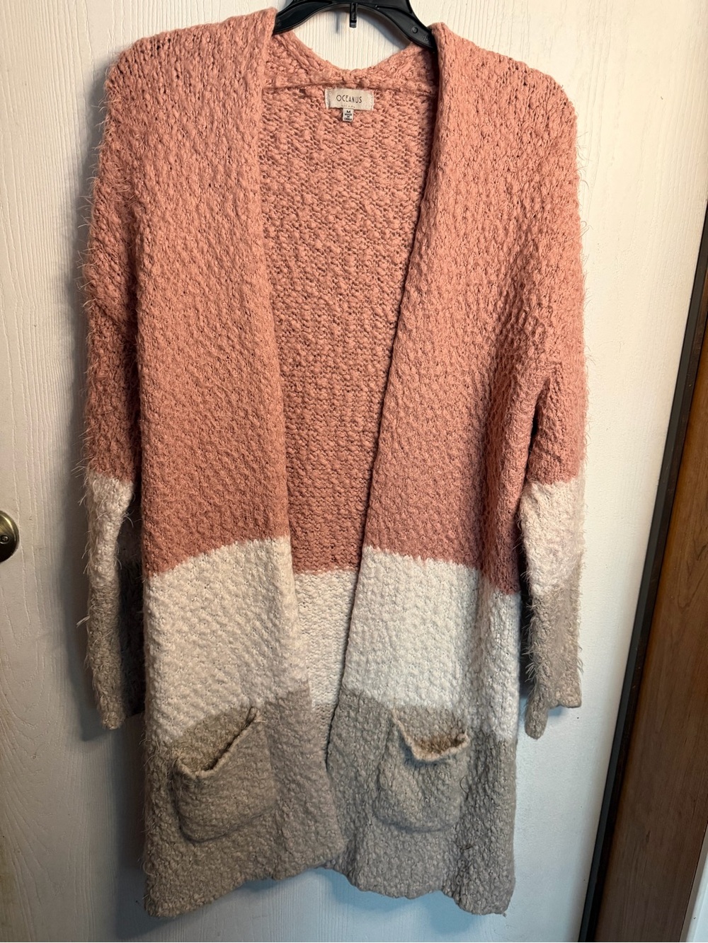 Cozy Open-Front Colorblock Cardigan in Dusty Rose, Cream & Taupe